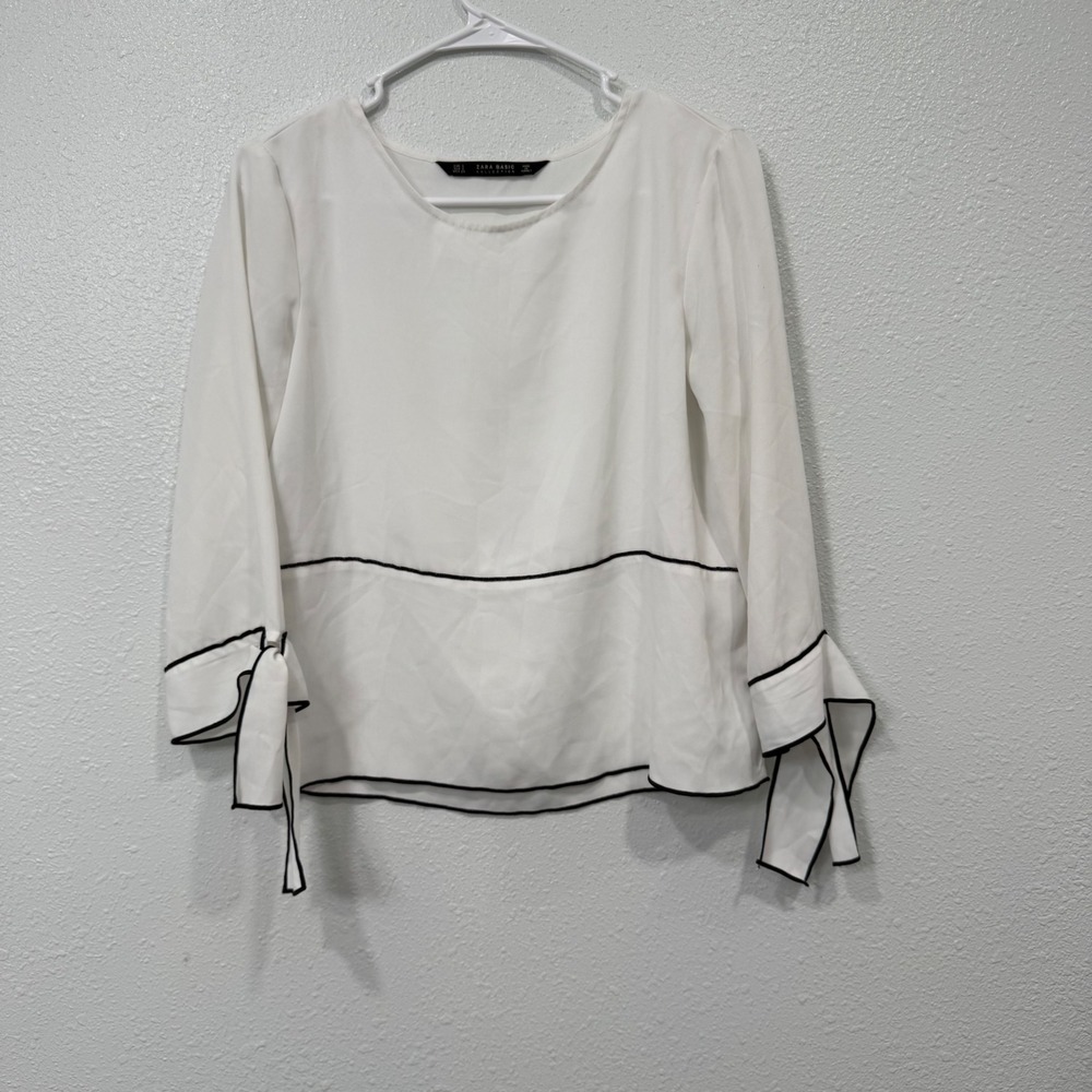 Zara Basic White Blouse Black Piping Tie Cuff Ruffle Sleeve Top Womens Small‎